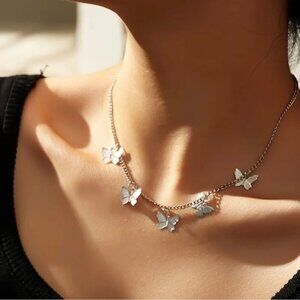 Polished Silver Butterfly Charm Choker Necklace Fashion Jewelry